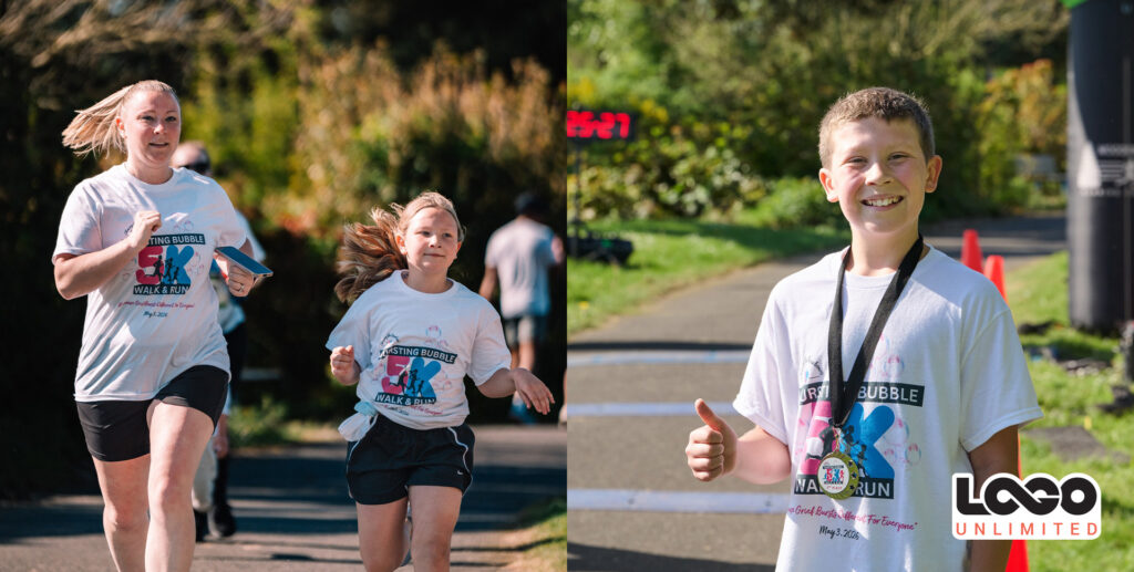 blog-cover-logounlimited-sponsorship-community-seattle-everett-bursting-bubbles-giveaway-event-merch-summer-medal-running-5k | Logo Unlimited Three children in white 'Walk & Run' shirts run toward the finish line on a sunny day, with a finish-time clock in the background.
