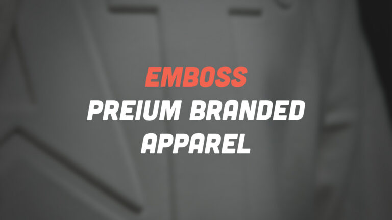 Red 'EMBOSS' heading above white 'PREMIUM BRANDED APPAREL' text on a blurred gray background, branding banner.