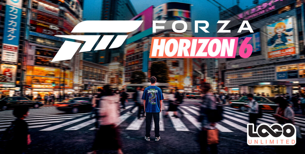 blog-image-logounlimited-forza-horizon-client-highlight-design-logo | Logo Unlimited Forza Horizon 6 promo banner over a busy city street; a man in a blue 'JAPAN' shirt stands in the crosswalk.