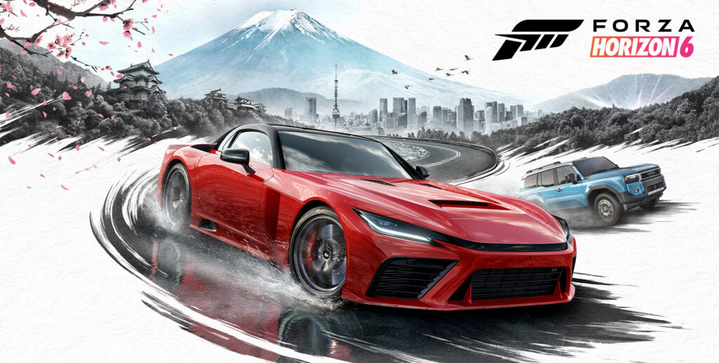 blog-image-logounlimited-forza-horizon-client-highlight-design-logo-cover | Logo Unlimited Red sports car leads a drift around a sweeping road with a city skyline and snow-capped mountain in the background, cherry blossoms in the scene.