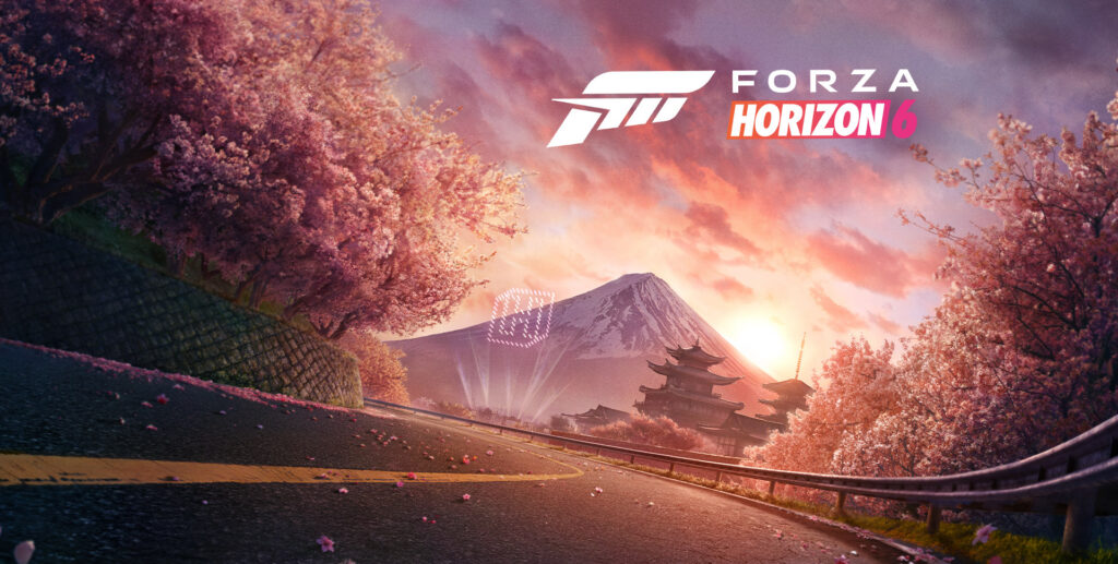 blog-image-logounlimited-forza-horizon-client-highlight-design-logo-thematic-keyart | Logo Unlimited Banner for Forza Horizon 6: sunset over a mountain with cherry blossoms, winding road, and temples in Japan; game logo visible.