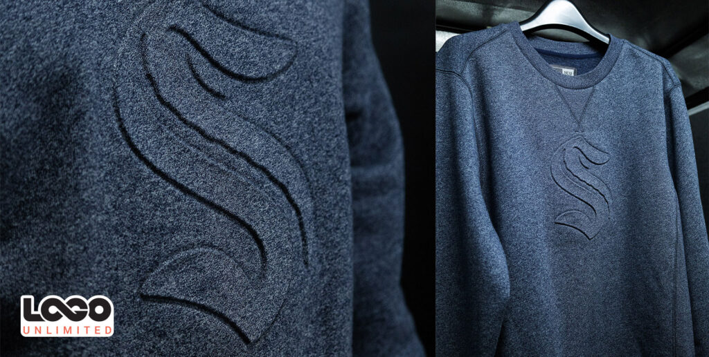Close-up of blue knit fabric with stitched curved lines, split view showing a folded garment and a blue sweatshirt on a hanger. The LEGO Unlimited logo appears bottom left.