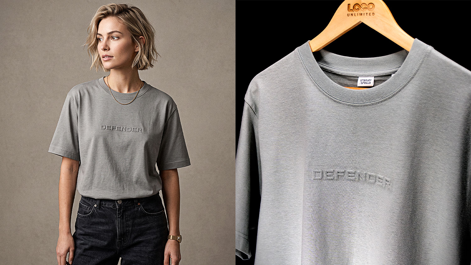 Grey women's t-shirt with embossed 'DEFENDER' logo, worn by model against neutral backdrop (dual-view: garment and close-up).