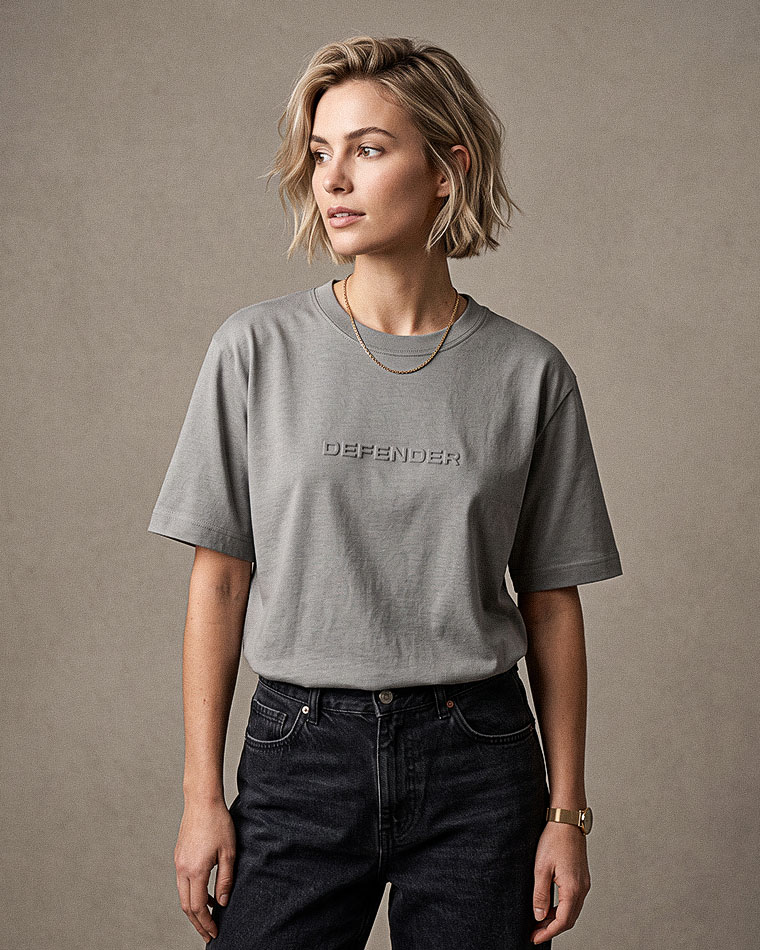 Woman with short blonde hair wearing a gray T-shirt that reads 'DEFENDER' and dark jeans on a neutral backdrop.