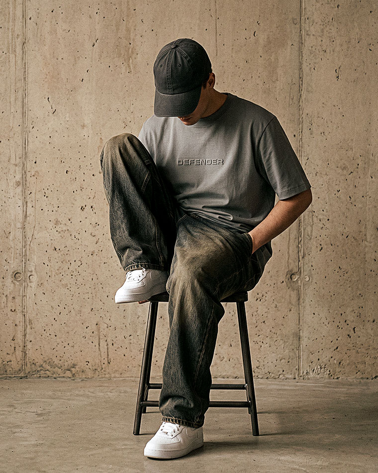 Person wearing a gray DEFENDER t-shirt, dark jeans, white sneakers, and a black cap sits on a stool against a concrete wall.