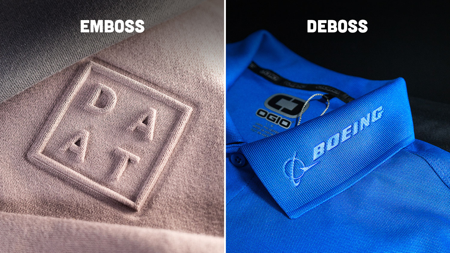 Split image showing emboss vs deboss: left a raised fabric patch with letters; right a debossed blue polo collar with Boeing branding.
